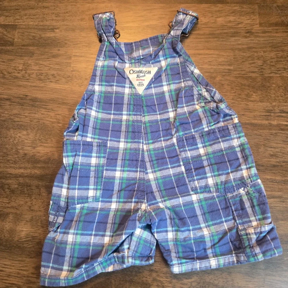 OshKosh B'gosh Baby Boy 6 Months Blue Green Plaid Vestbak Cotton Shortalls